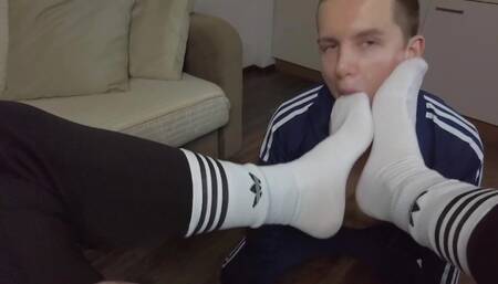 Part 1 ! My master smacks me , making me lick his sneakers and then sniff them, after which he wants me to lick his dirty socks