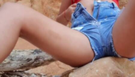 Teen On a stone in the mountains masturbation pussy till cum in panties