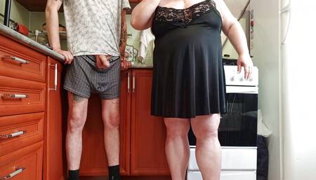 before lunch, my stepmom jerks off my dick to a cumshot