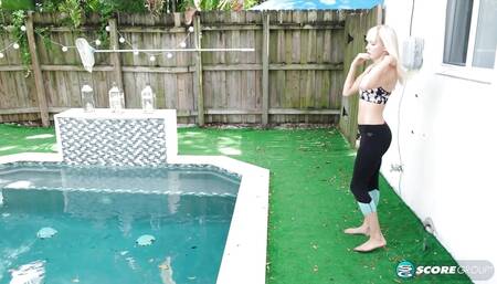 Yoga chick Sveera stretches outside and then loses her yoga