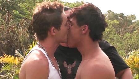 Hot outdoor threesome sex between sexy horny gays