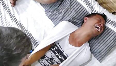 Tickled Asian twink fucked in DILF 3some with his 21yo BF