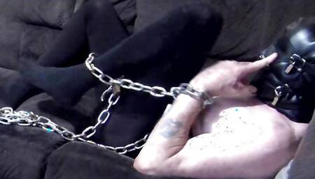 Hooded Gaged Blindfolded and Hogtied with Chains in Pantyhose