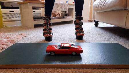 GIANTESS Charn crushes a 1969 Ford Torino in black stiletto high heels closeup ground view