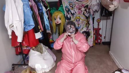 Pink PVC Suit, Gagged and Breathplay Hood