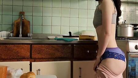 Sexy maid gets fucked by her boss's step son in her work kitchen