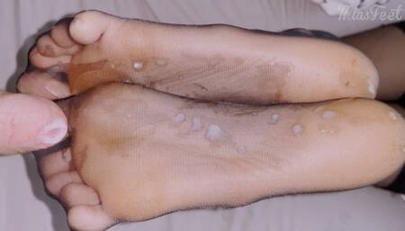 Nylon Footjob Solejob double Cumshot on Soles