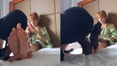 He licks and sniffs my pantyhose feet and then my bare feet HD - WMV