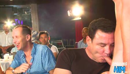 Public DILF sucks cock in strip club in front of voyeurs