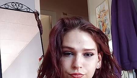 gorgeous t-girl Melody strips, oils her body, and plays with her tight hole