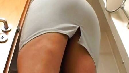 All-natural German beauty teases her cunt with dildo in bathroom