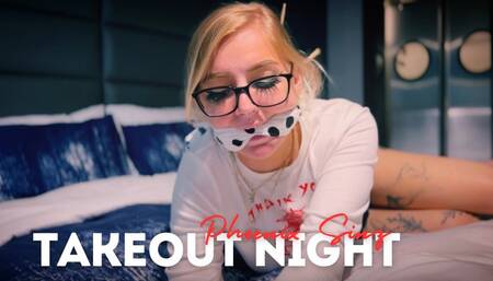 Phoenix Sinz | Takeout Night [Self bondage, red rope, polka dot cleave gag, glasses, cute outfit]