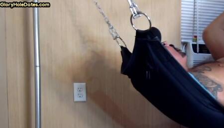 Tattooed gaydaddy in sling gets fucked in ass at home