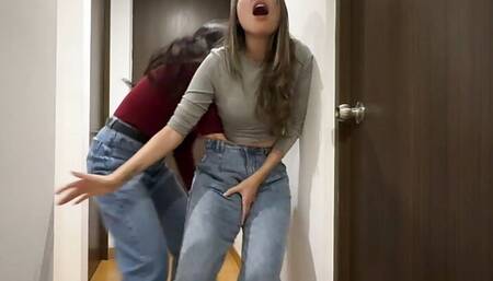 Two strangers play by touching each other under their pants and rubbing their asses