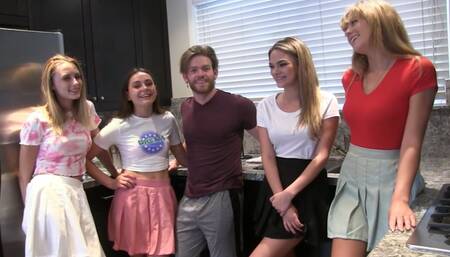A pool party with four hot girls and one lucky winner guy