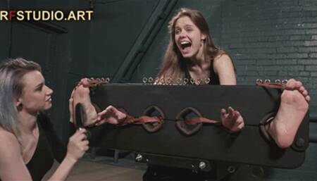 Astrid the Tickler and Leya the Ticklee Part 2 - Barefoot Tickling in Single Stocks (FULL HD MP4)