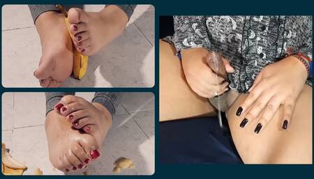 Smashing a banana with my feet and ejaculating watching porn