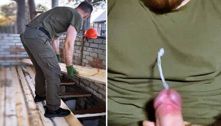 Builder jerks off hot dick after work! Big load of cum!