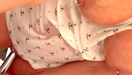 Oiled Big Tits Under T-shirt and Get Orgasm Putting All Vibrator in Pussy