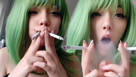 Cute Green Hair Egirl smoking 2 cigarettes at the same time (ask me for full vid)