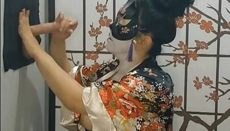 Asian doll cosplay Japanese geisha gloryhole w backstage tit fuck