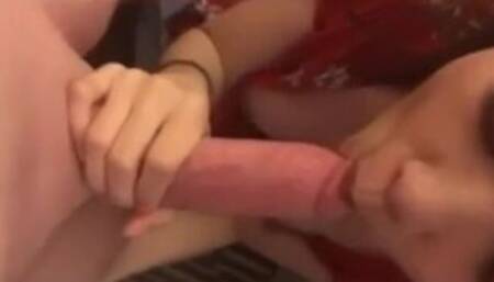 Asian girl worshiping a big white cock and gets a facial