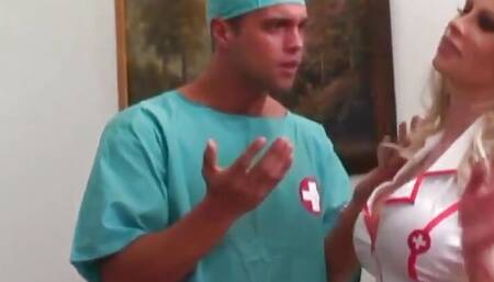 Brooke Haven is sitting on the doctor's lap, with her smooth legs spread wide open, allowing him to rub her clitoris