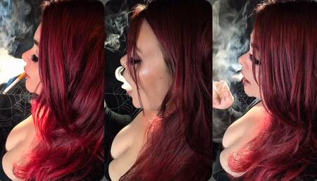 Chain smoking Marlboros, close up, side profile