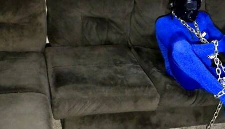 Dildo gagged with total blackout hood hogtied with chain