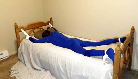 Gagged and Blindfolded tied to the bed with socks in a haunted house