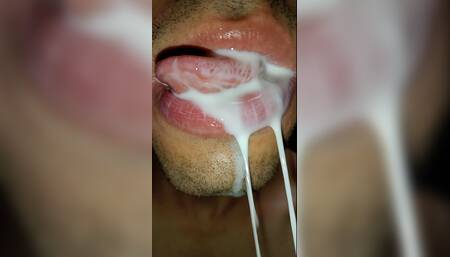 Cum in my mouth, play with your cum, and swallow it, close-up, naughty gay, tongue, sloopy