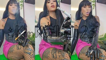 Smoking Marlboro Red 100 wearing shiny gloves and skirt - Kinkerbell23