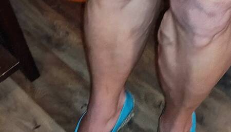 Wearing blue satin wedges