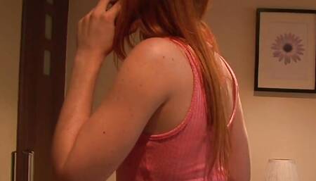 Redhead hairy Sabrina J gets sprayed on her tits from Seth