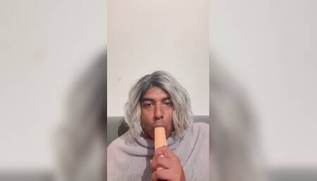 Crossdresser blows her dildo