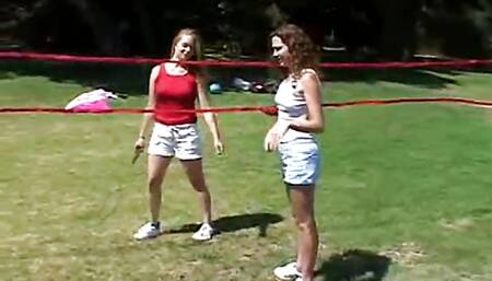 Two teenage lesbians licking eachothers pussy outdoors