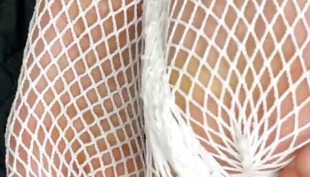 Ebony Girl Shows off Her Feet with French Pedicure in Her White Fishnets