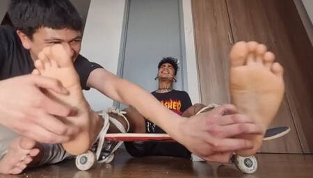 Hard Tickling for Skater Jock boy Tied to his Skateboard using different tools to take him to the limits