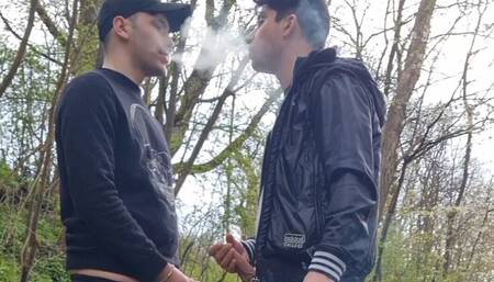 Gay Boys Smoke and Wank Their Big Dicks Outdoors