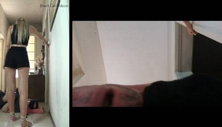 Alice dances over Tom's head wearing flat sandals (pov view)