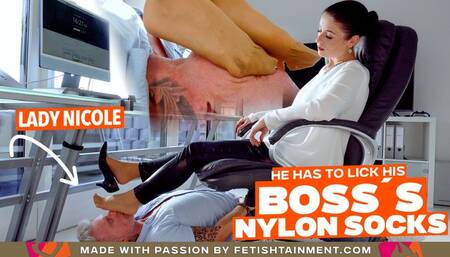 I am the boss and he has to lick my nylon socks under the desk ( Foot Domination with Nylon Socks - Lady Nicole ) - FULL HD MP4