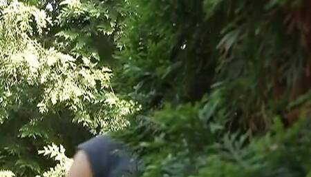 Busty German slut rides a big dick outdoors