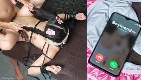 I'm Only 18 Sir! My Boyfriend Will Find Me! Petite Asian Slave Tied Up BDSM Fucked, While Boyfriend On The Phone.