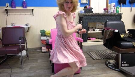 Taking off my summer dress while under a vintage salon chair hair dryer