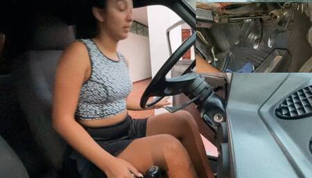 Dalilah tries to start the old car with her shoes on with socks and barefoot