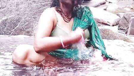 Silk Aunty Outdoor Bath Sex in Waterfall Telugu Dirty Talks.
