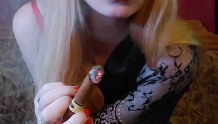 Petite Blonde Smokes Big Cigar