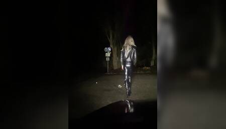 Crossdressing latex sissy at public parking lot risky flashing