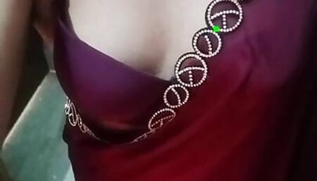 Indian Crossdresser Gaurisissy feeling horny in Purple Saree looking and fucking like a house wife