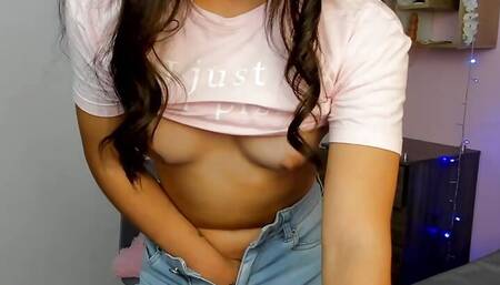 Innocent looking daddy's slut masturbates standing up while having her toy controlled